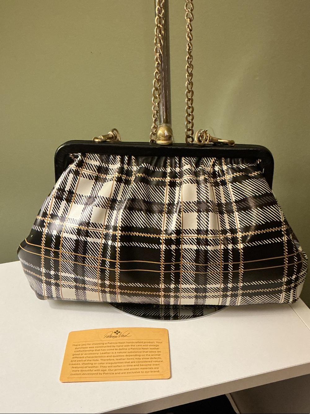 Patricia Nash NEW Ealing Leather Frame Bag Black White Gold Gray Plaid Crossbody